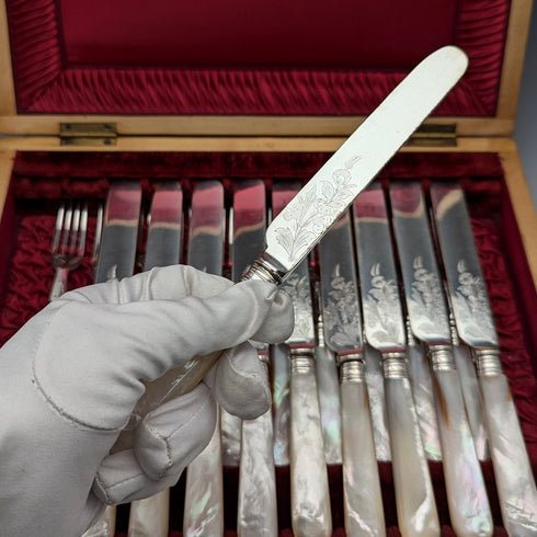 約 1890 年英國古董白色珍珠手柄甜點餐具 10 對套裝木盒裝